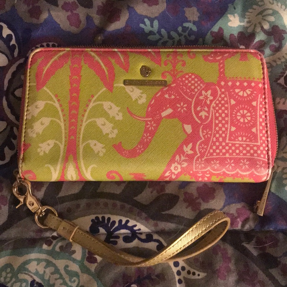 Spartina 449 Pink and Lime Elephant Zip Wristlet Wallet
